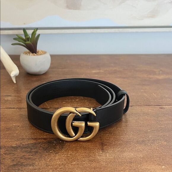 Gucci Black Belt with Gold GG Emblem Marmont belt - Picture 1 of 2